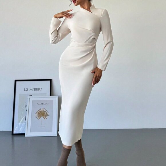 Apricot Elegant Women's Asymmetric Collar Long Sleeve Maxi Dress - Picture 5 of 6